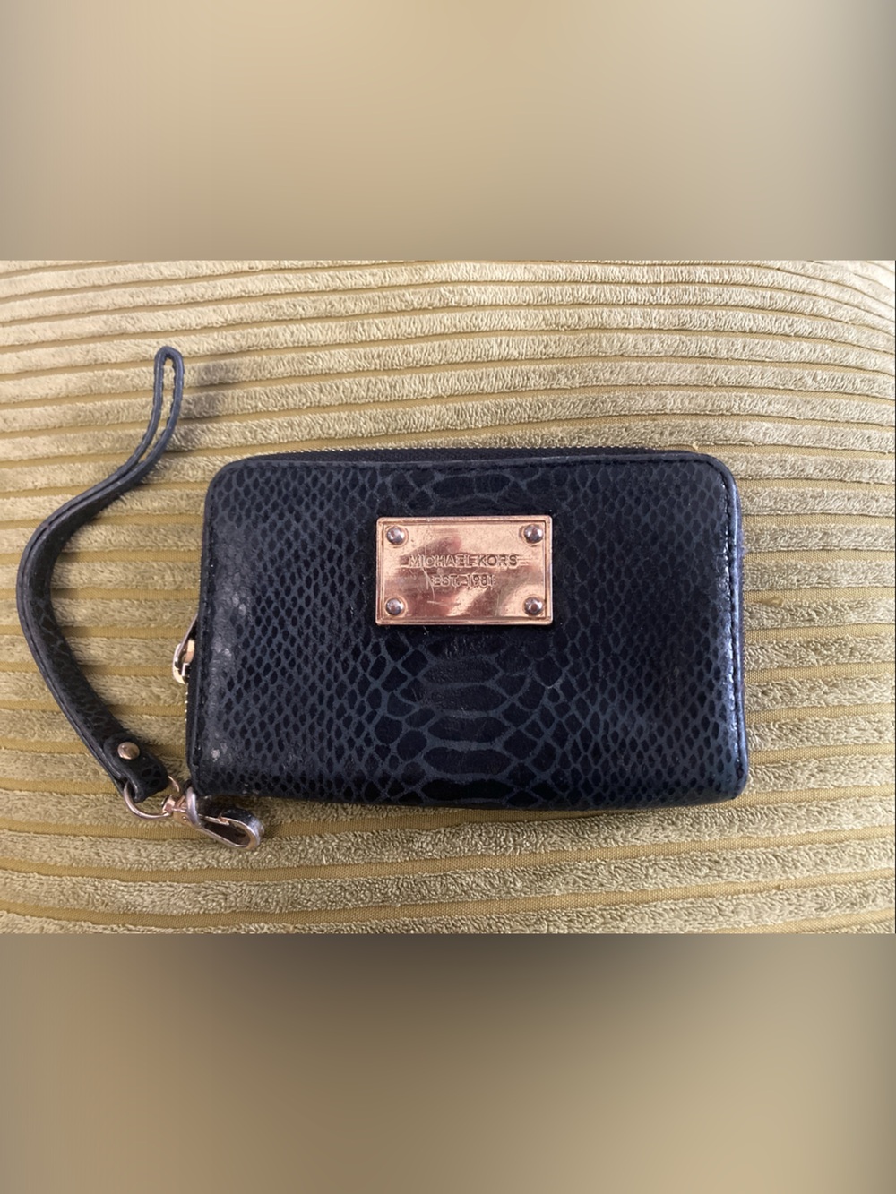 Michael Kors Black Textured Snake-Embossed Wristlet with Gold Plaque